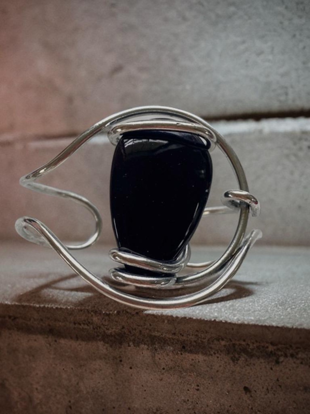 Artisan crafted Bold Onyx and Stainless Steel Twist Cuff Bracelet